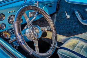 classic, car, automobile, Ford, dashboard, steering wheel, blue