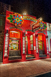 Tattoo, parlor, red, Austin, Texas, Affinity, exterior, digital, painting